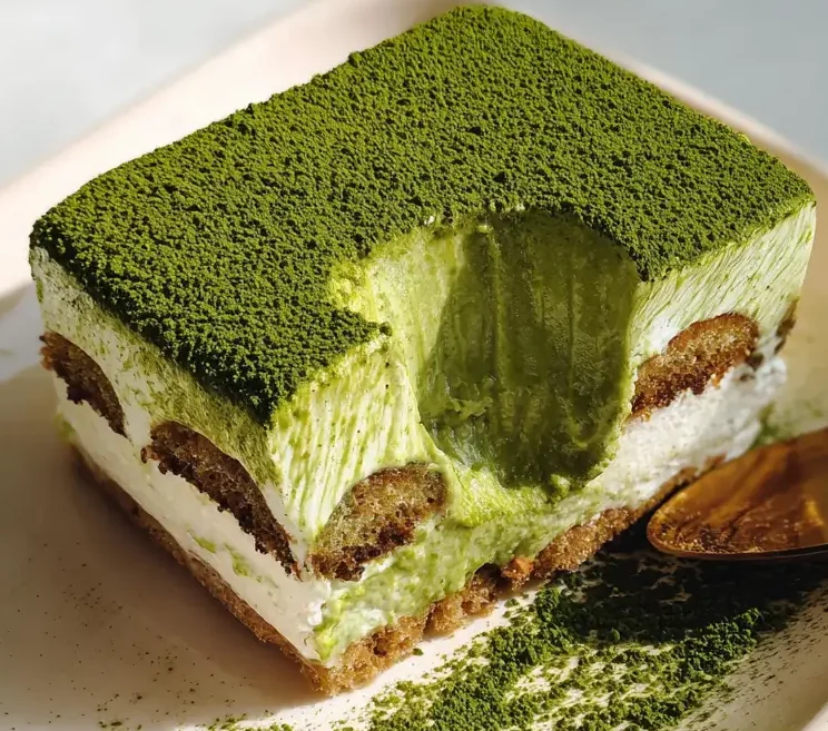 matcha tiramisu dessert in a glass dish