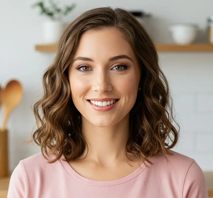 Smiling woman in a pink shirt standing in a bright kitchen with wooden utensils and white tile backsplash