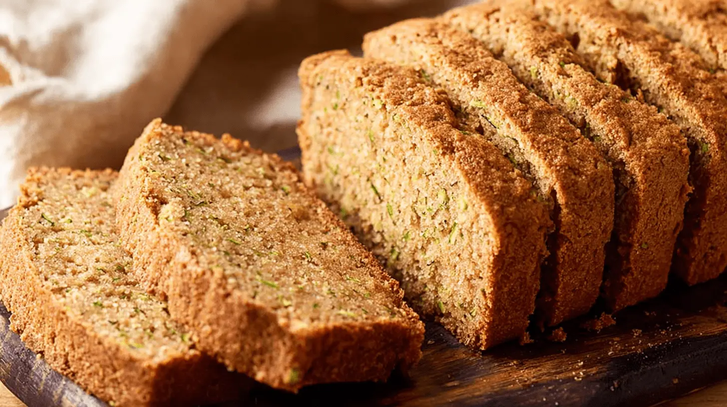 Delicious slices of freshly baked gluten free zucchini bread on a rustic wooden board.