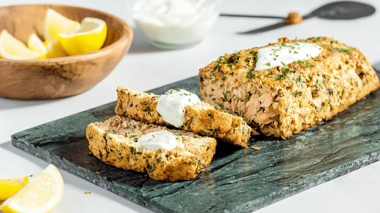 Baked salmon loaf with fresh herbs and creamy sauce on a green stone board, perfect for a salmon loaf recipe with canned salmon.