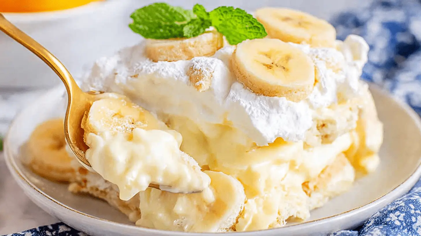 A golden spoon scoops creamy banana pudding with whipped cream and fresh banana slices, a comforting dessert; for a lighter option, consider a matcha cloud recipe.