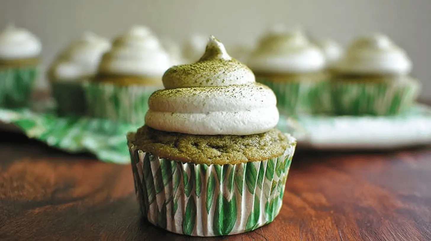 A vibrant green matcha cupcake with creamy white frosting, dusted with matcha powder, representing a delicious matcha cupcakes recipe.