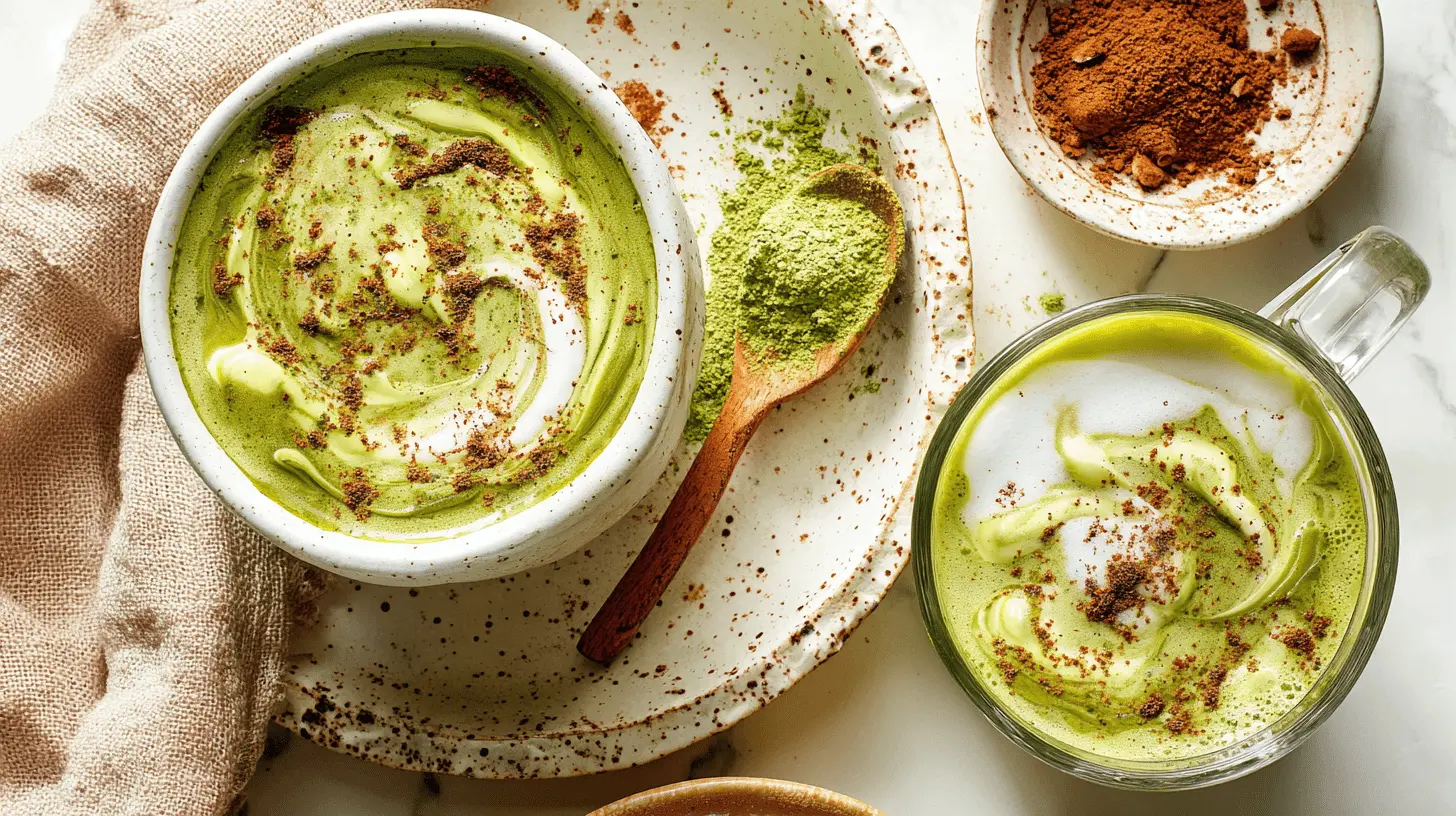 Overhead flat lay of two rustic pumpkin spice matcha lattes with creamy foam and warm spices.