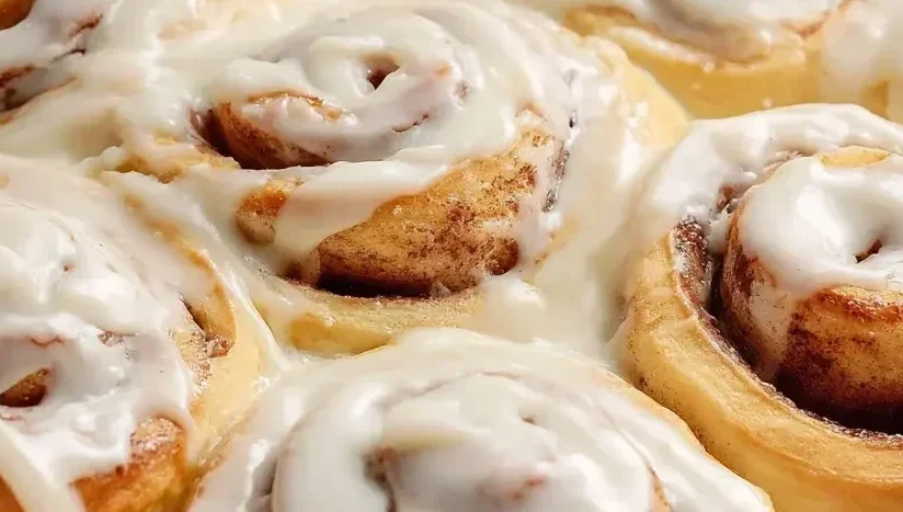 Freshly baked cinnamon rolls in a baking dish topped with creamy vanilla icing