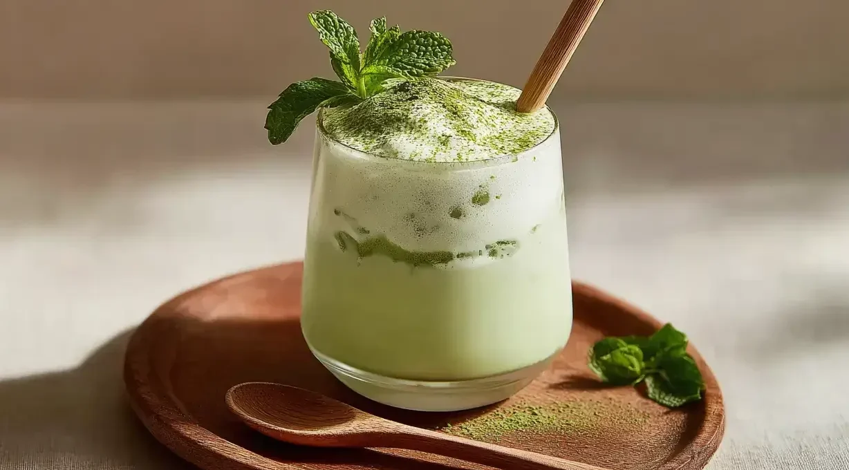 Glass of matcha cloud drink with whipped matcha foam, mint garnish, and wooden tray