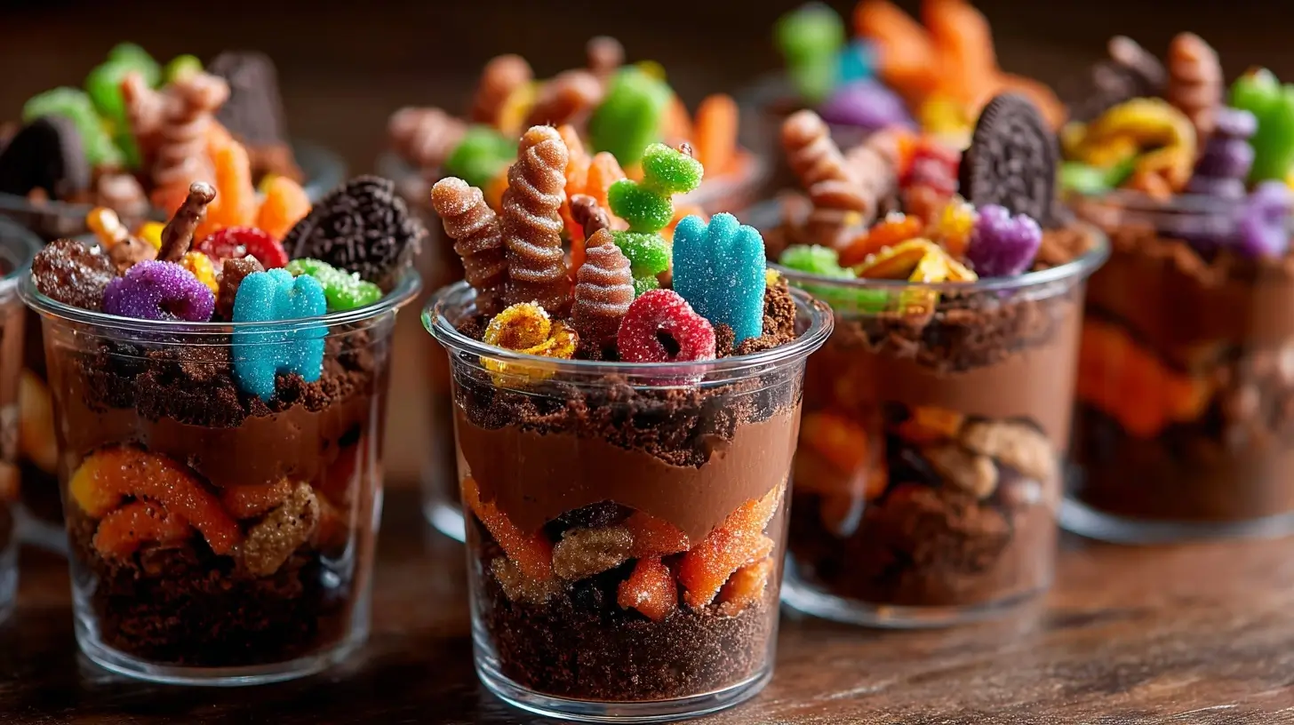 Halloween dirt cups with chocolate pudding, crushed cookies, gummy worms, and colorful candy toppings in clear cups