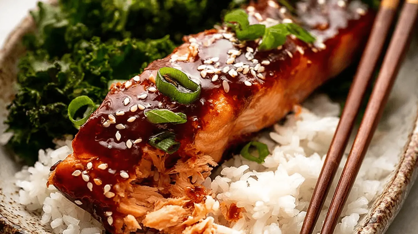 Delicious glazed salmon with sesame seeds, scallions, and rice, perfect for asian salmon recipes.