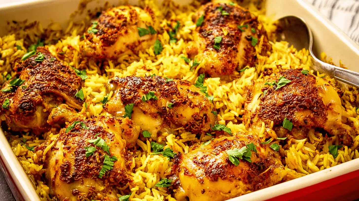 Close-up of a delicious baked chicken recipe with golden rice and fresh herbs in a casserole dish.