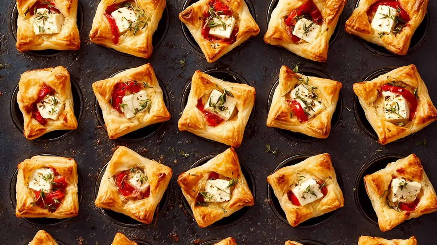 Golden brown Baked Feta Bites with red pepper and herbs in a dark muffin tin.