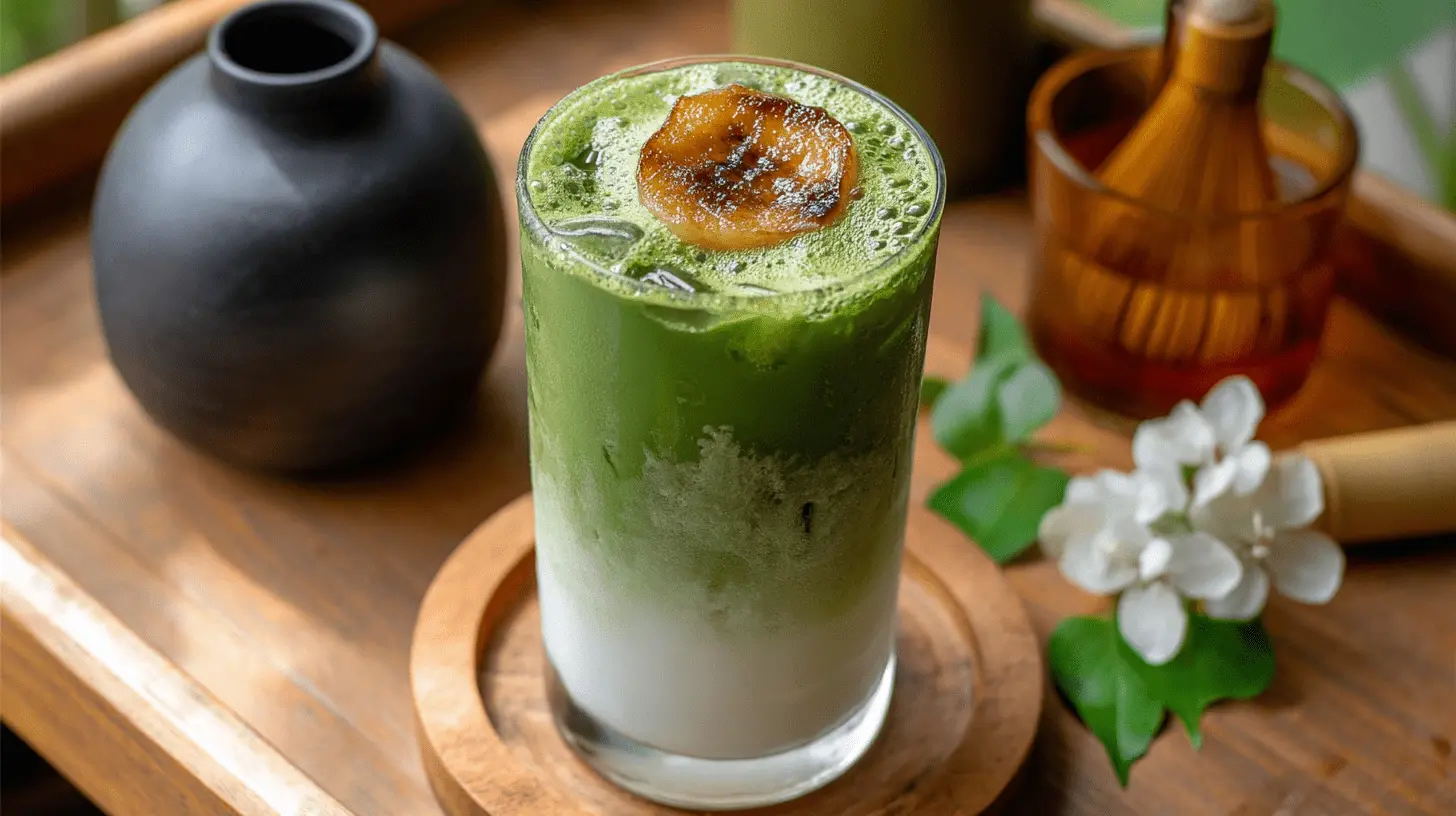Iced banana matcha latte with a caramelized banana slice on a wooden tray, surrounded by matcha tools.