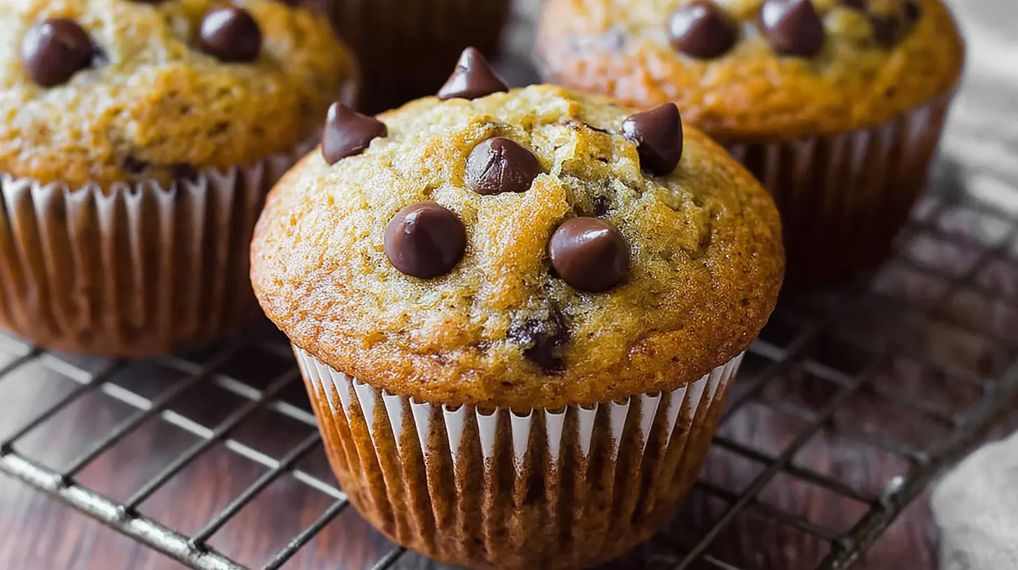 Close-up of freshly baked banana chocolate chip muffins on a cooling rack, perfect for any banana muffins recipe.