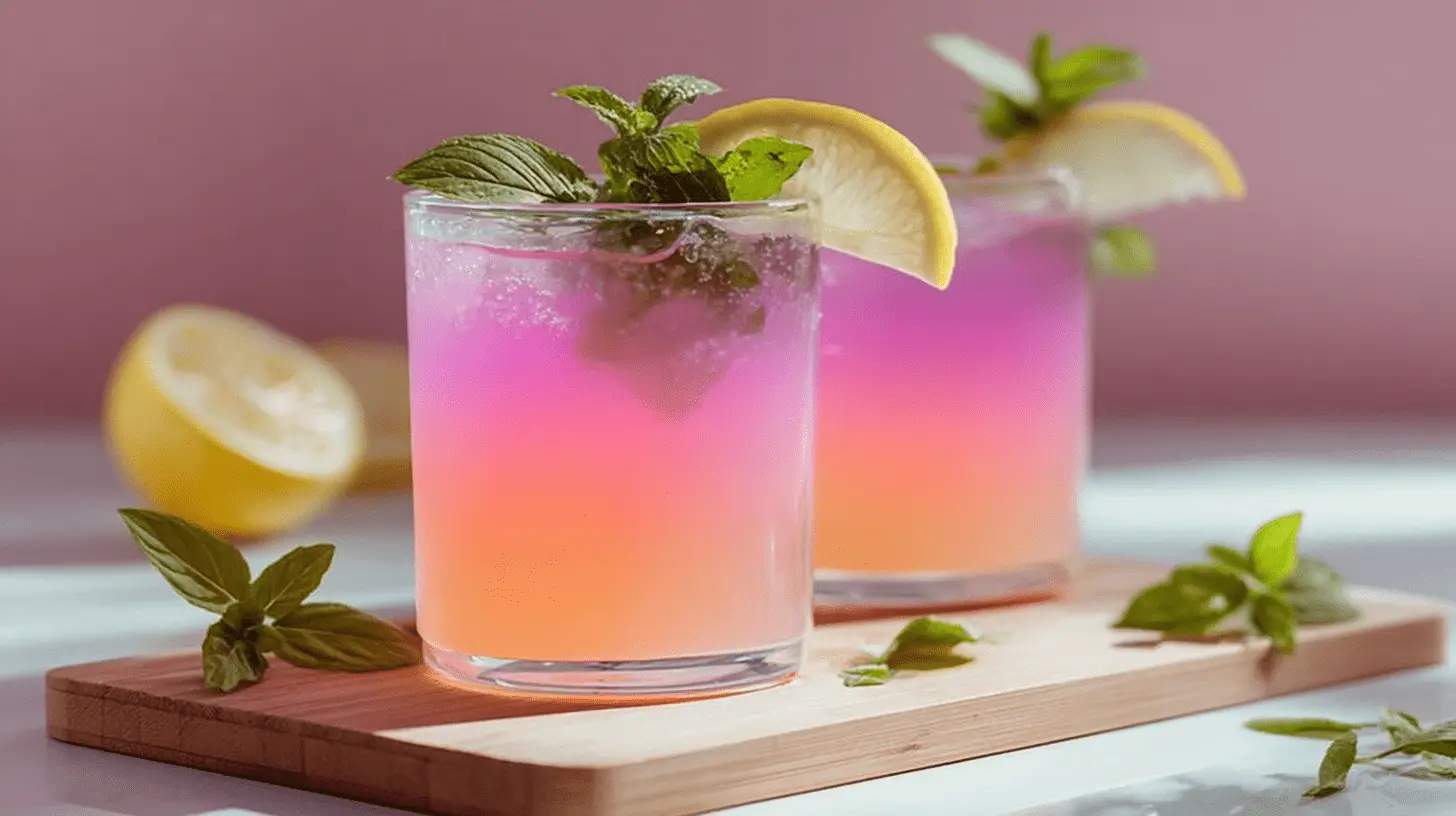 Vibrant Brazilian Mounjaro recipe drinks with ombre colors, garnished with fresh mint and lemon slices on a rustic wooden board.