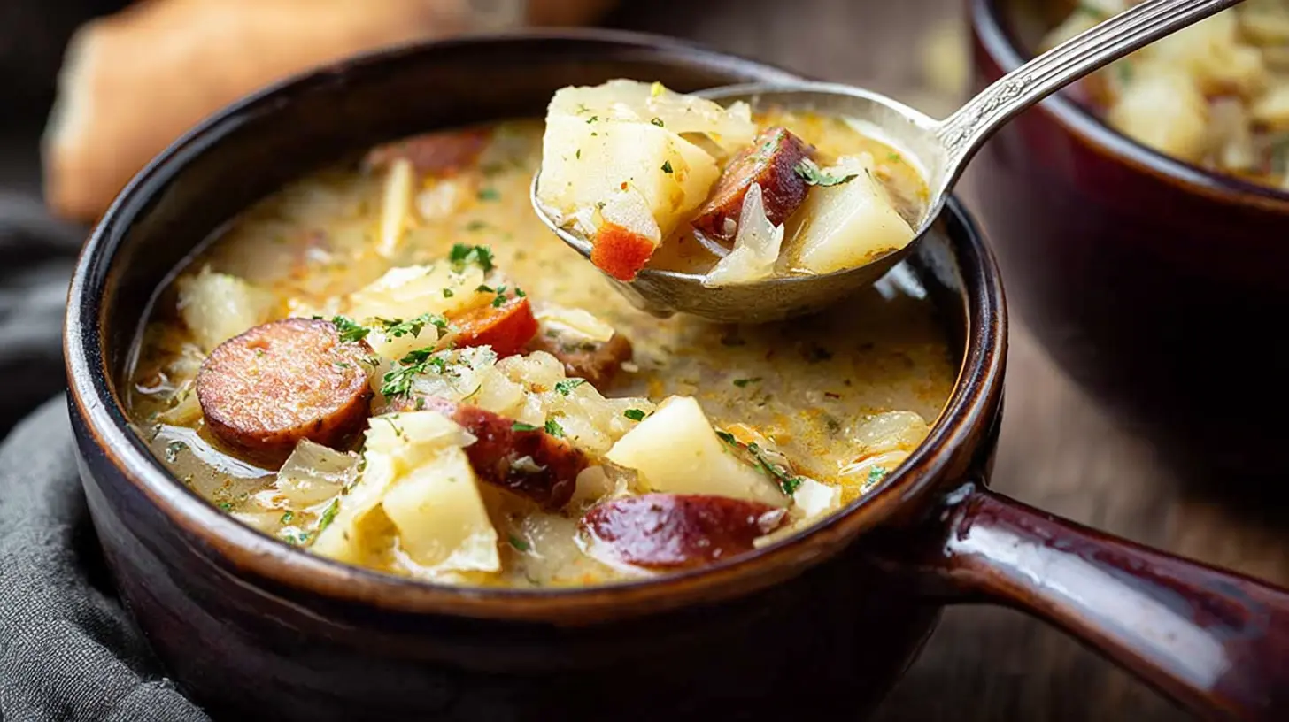Close-up of a hearty bowl of rustic cajun potato soup with sausage and fresh herbs, being scooped with a spoon.