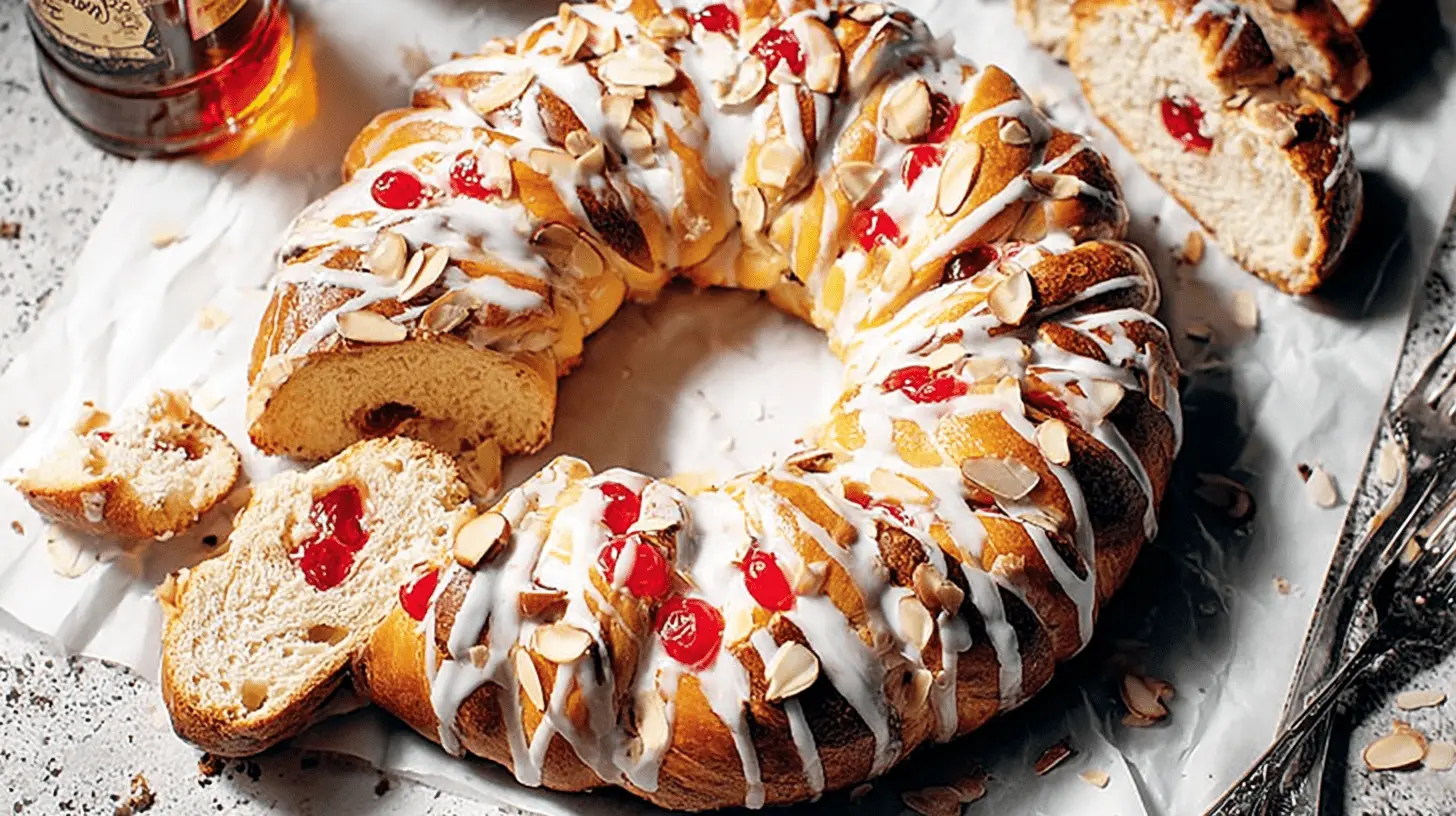 Delicious ring-shaped Christmas bread with white glaze, red cherries, almonds, and a cherry filling, highlighting a festive christmas bread recipe.