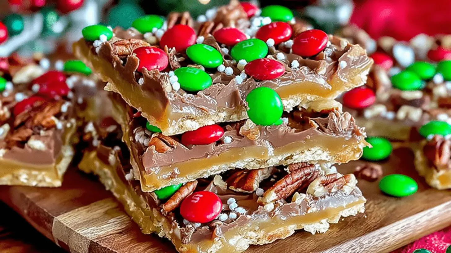 Delicious stacked Christmas crack recipe bars with chocolate, caramel, pecans, and holiday M&M's on a wooden board.
