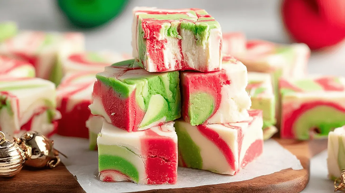 Festive marbled white, red, and green Christmas fudge pieces on a wooden surface with holiday ornaments.