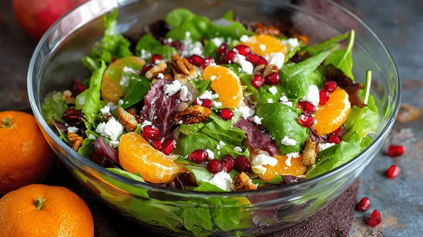 A vibrant Christmas salad with leafy greens, mandarin, pomegranate, feta, and nuts in a glass bowl, surrounded by fresh fruit.