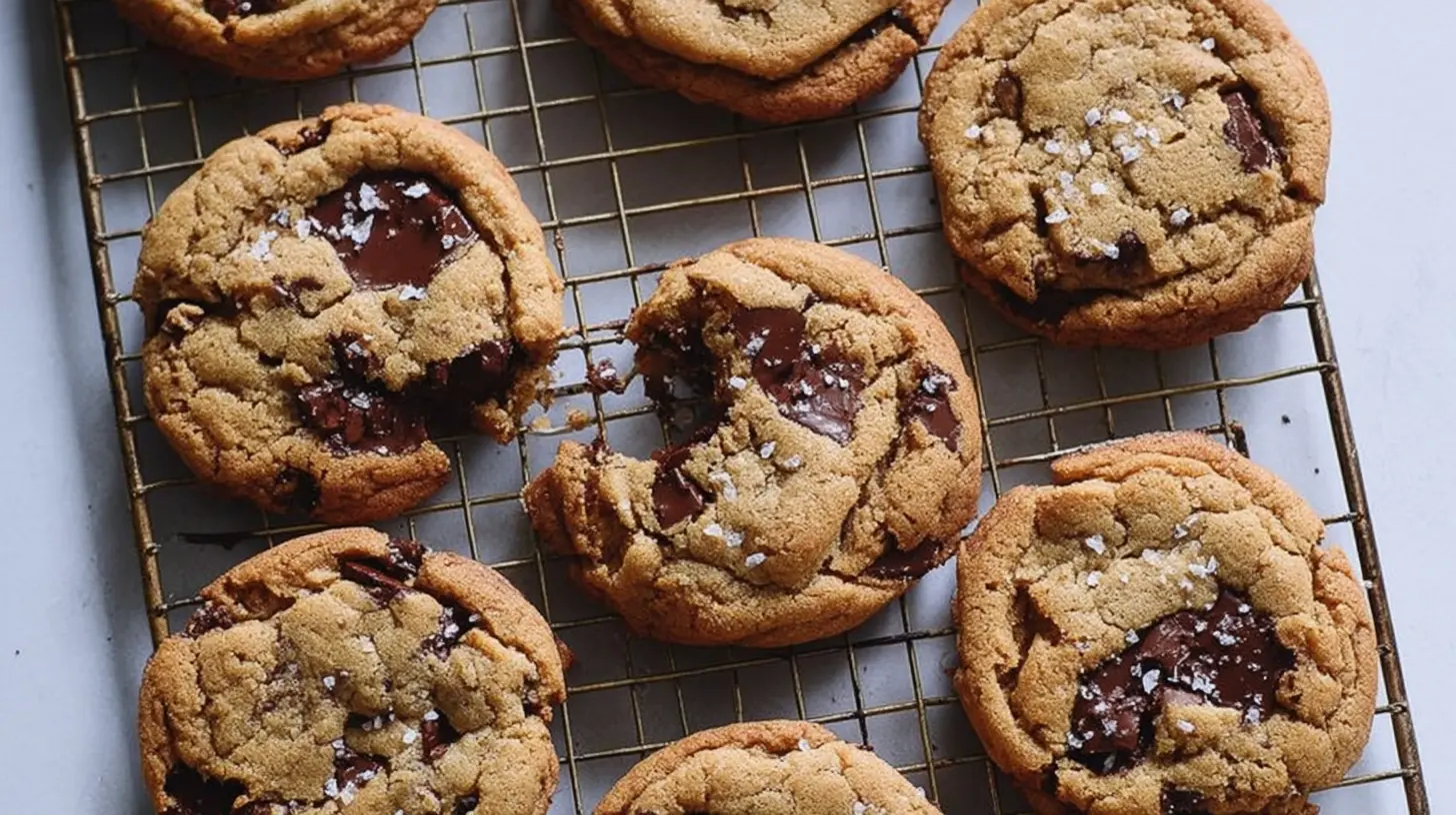 Freshly baked chocolate chip cookies cooling on a wire rack, a perfect visual for any delicious cookie recipe.