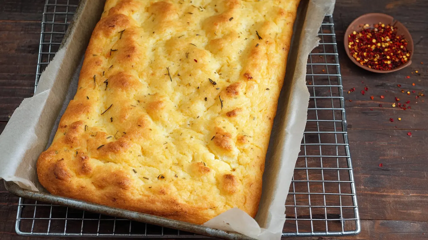 Freshly baked golden flatbread, perfect for a delicious cottage cheese bread recipe, cooling on a rustic wooden surface with scattered chili flakes.