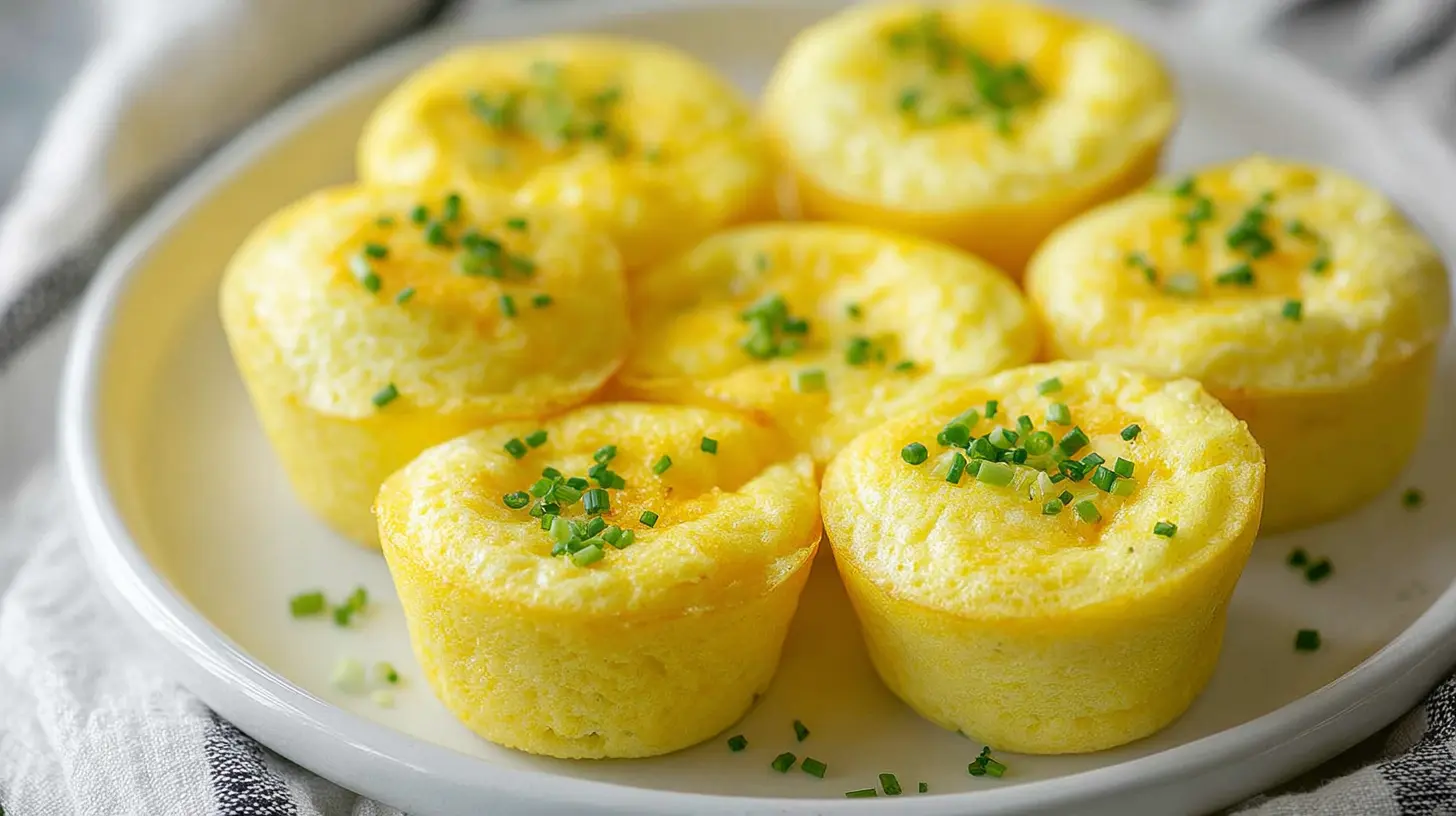Close-up of seven delicious cottage cheese egg bites topped with fresh chives on a white plate.