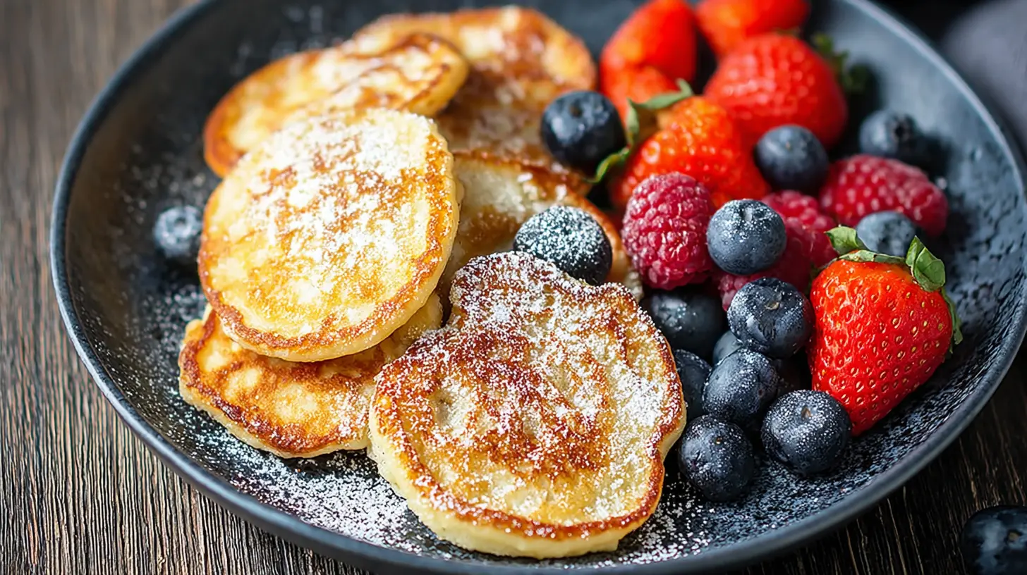 Fluffy cottage cheese pancakes with powdered sugar and fresh mixed berries on a dark plate.