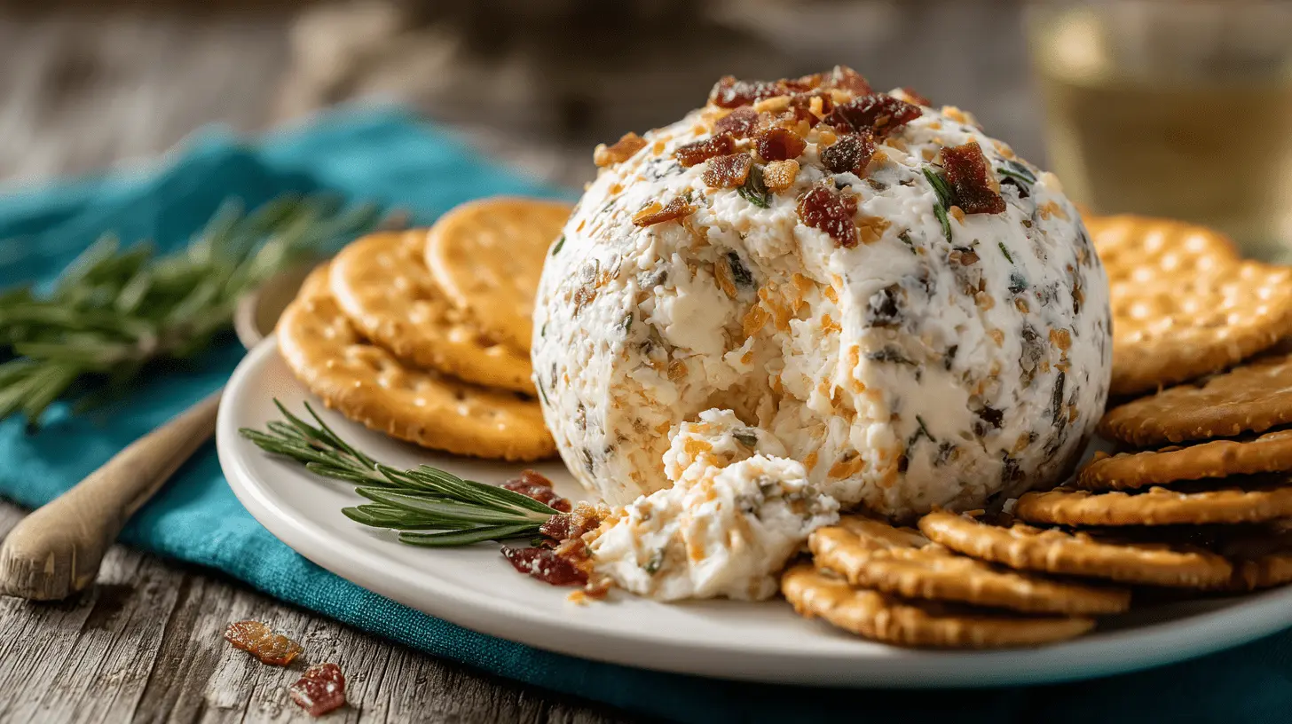 Savory cheese ball recipe, studded with herbs and bacon, served with crackers and rosemary on a rustic table.