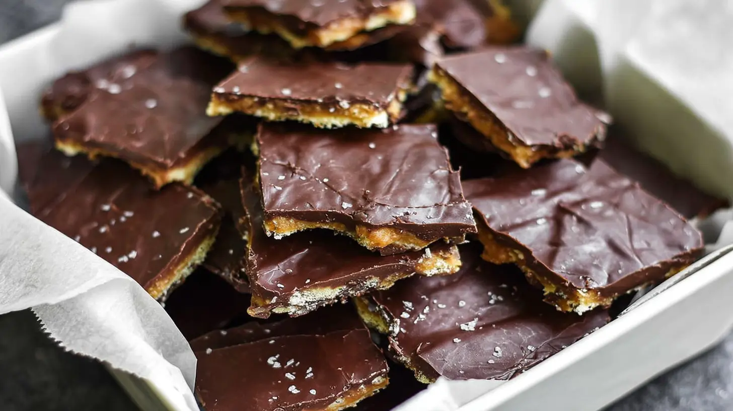 Close-up of delectable, sea-salted chocolate crack pieces in a white dish, showcasing an Easy Christmas chocolate Crack Recipe.