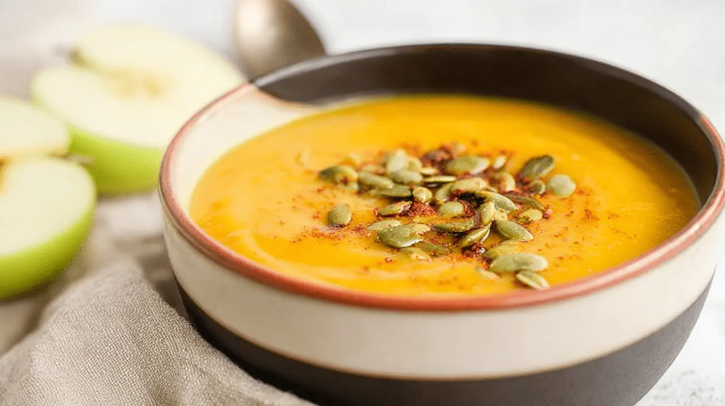 A vibrant bowl of creamy Roasted Butternut Squash & Apple Christmas Soup, garnished with pumpkin seeds and spice, served alongside fresh green apple halves.