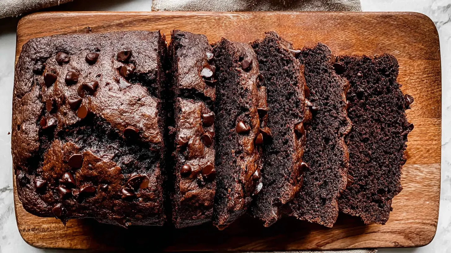 Freshly baked double chocolate banana bread loaf, partially sliced on a rustic wooden cutting board, revealing a moist, rich crumb.