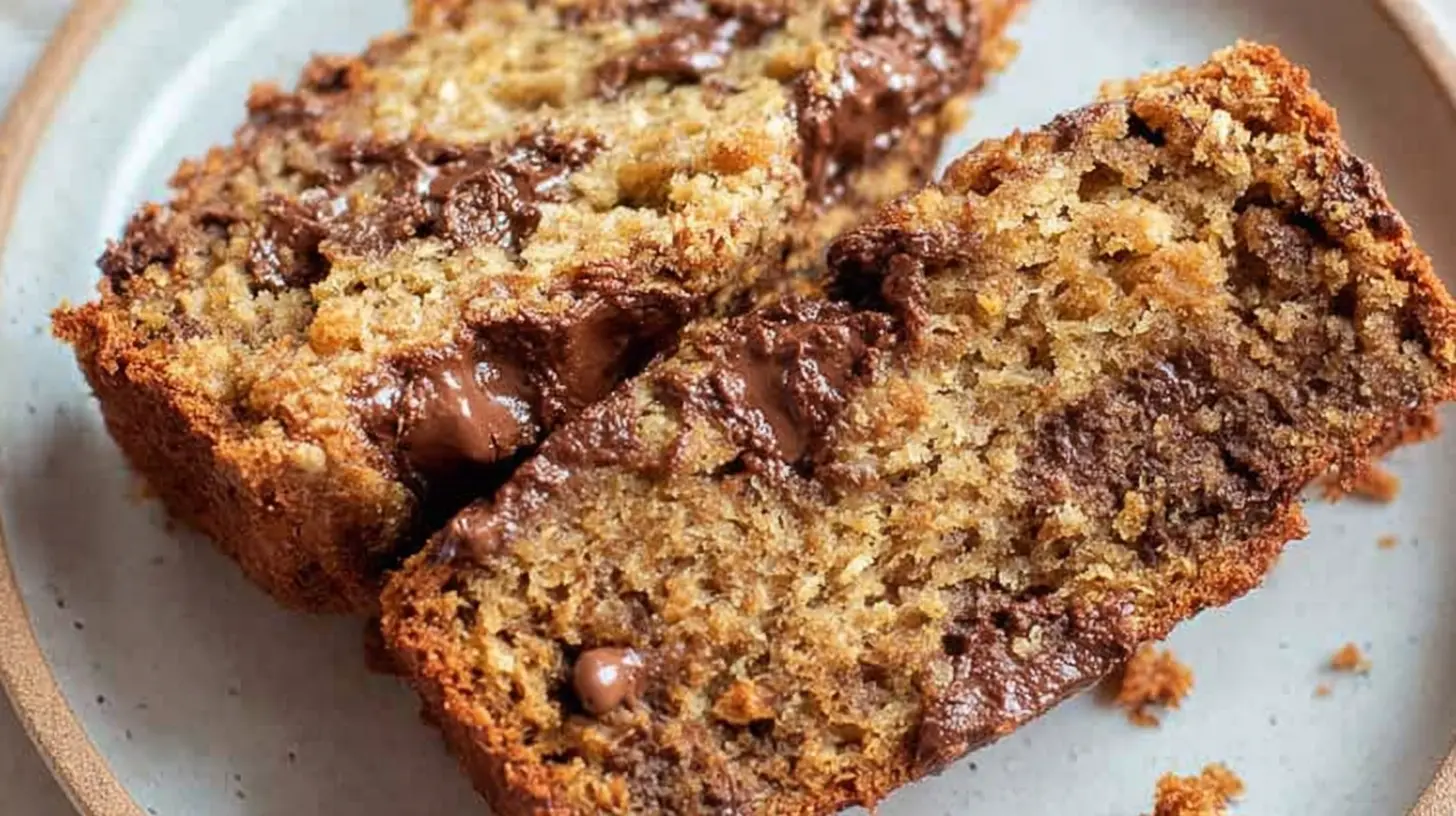 Close-up of two moist slices of healthy banana bread with oats and rich dark chocolate chunks on a ceramic plate.