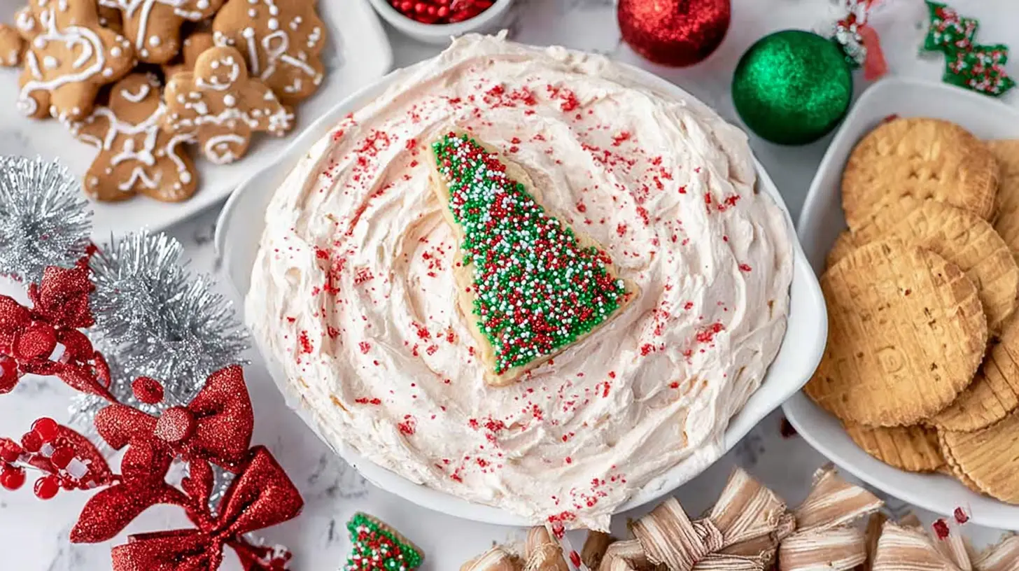 A festive overhead view of a holiday dessert spread featuring a central dip with a sprinkle-covered little debbie christmas tree dessert cookie, surrounded by gingerbread men, other cookies, and festive decorations.