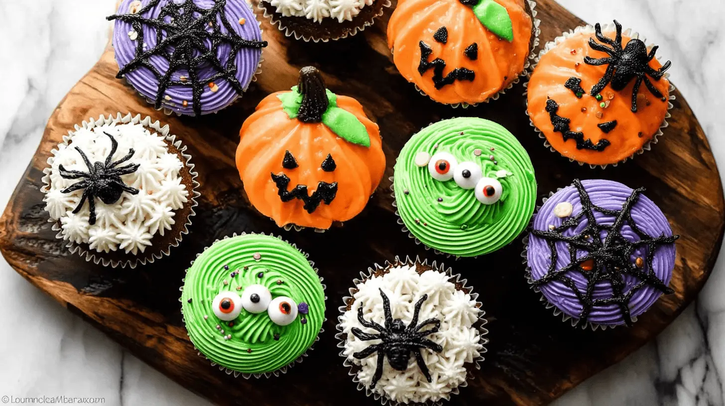 Overhead view of eleven vibrantly decorated Halloween cupcake ideas, including pumpkin, spiderweb, and monster designs, arranged on a rustic wooden board.