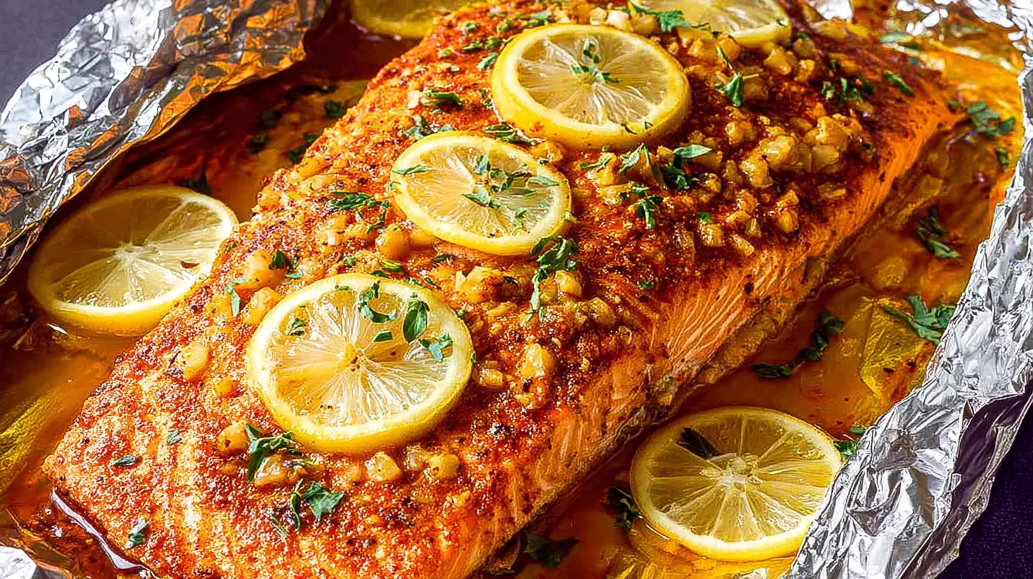 Close-up of a perfectly cooked lemon salmon recipe in foil, garnished with fresh lemon slices, garlic, and herbs.
