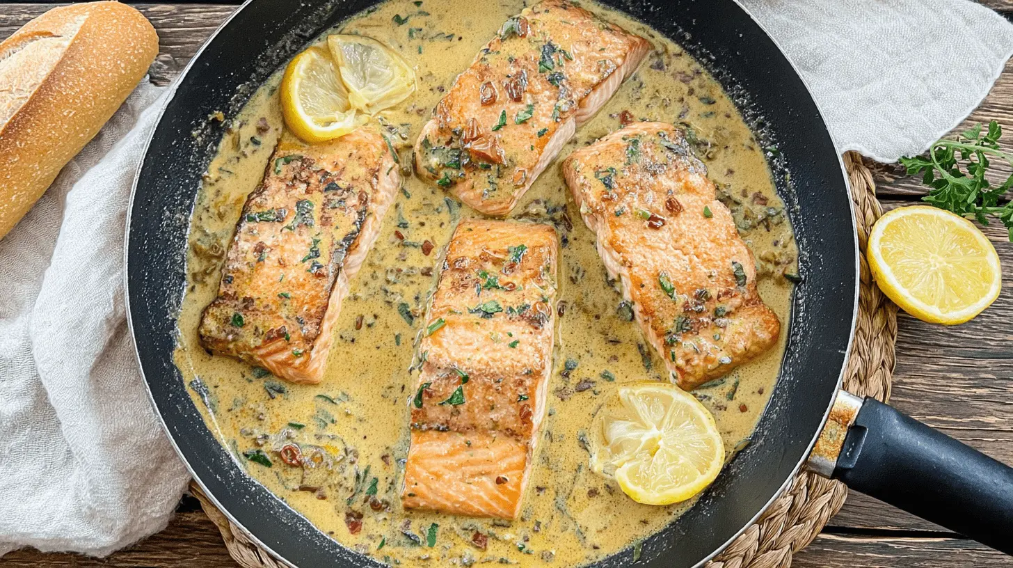 Creamy marry me salmon recipe in a pan, garnished with fresh herbs and lemon slices.