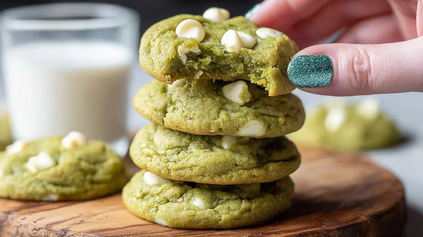 Stack of vibrant green matcha cookies with white chocolate chips, a hand reaching for one, illustrating a delicious matcha cookies recipe.