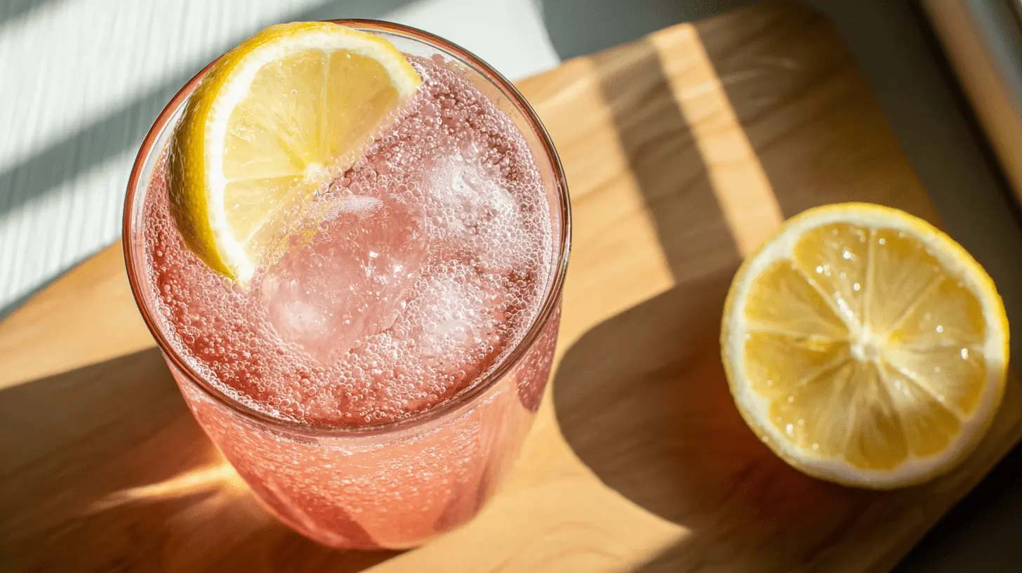 Refreshing pink sparkling drink with lemon and ice on a sunny wooden surface, a perfect visual for a Mounjaro pink salt recipe.