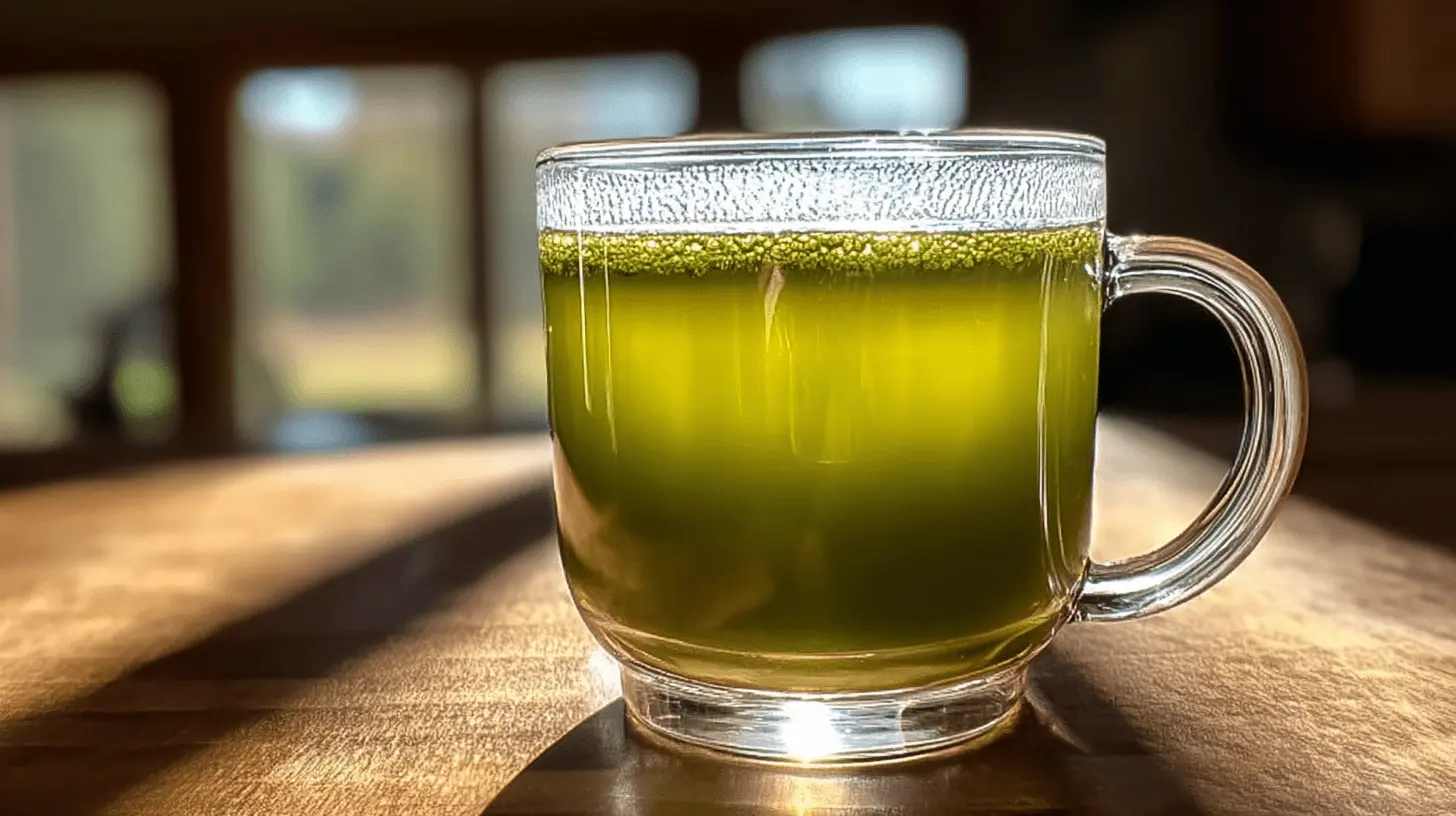 Clear glass mug with a vibrant green drink, perfect for a Mounjaro tea recipe, on a warm wooden surface.