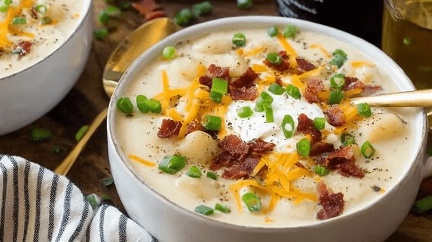 Hearty bowl of creamy potato soup recipe topped with bacon, shredded cheddar, green onions, and sour cream on a wooden table.