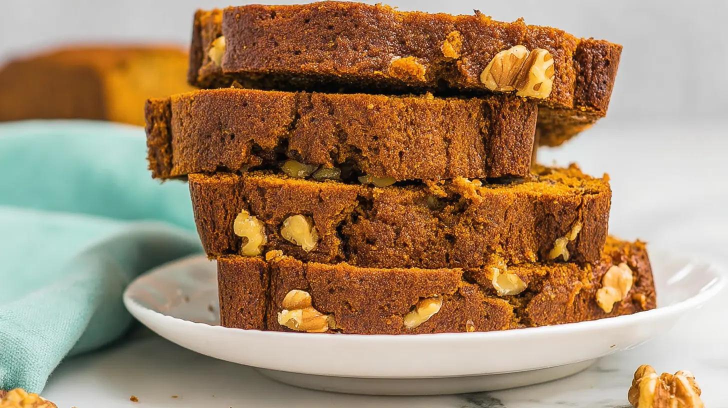 Stacked slices of moist, walnut-filled pumpkin banana bread on a white plate with a teal napkin, perfect for a cozy pumpkin banana bread recipe.