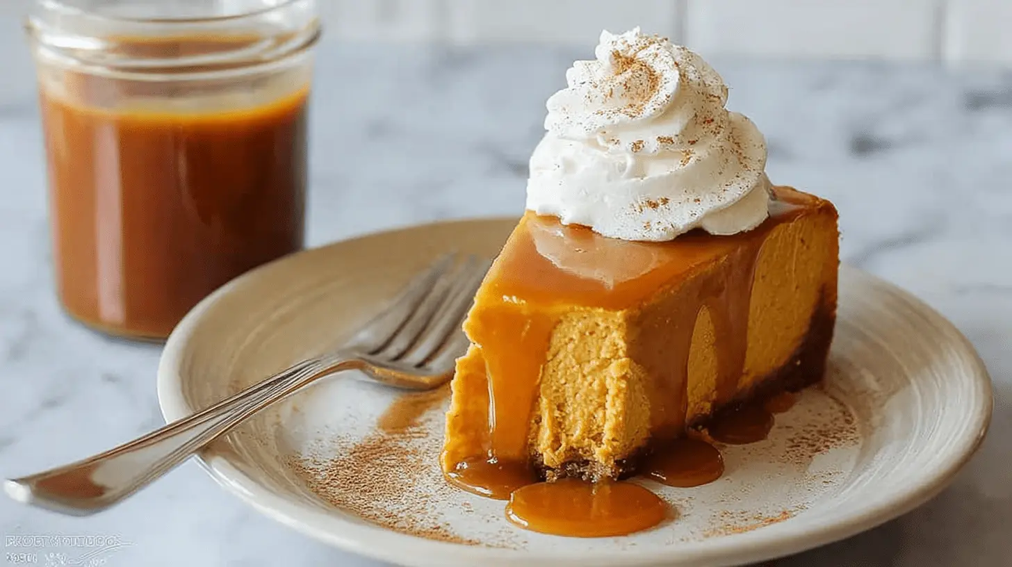 Beautifully presented slice of pumpkin cheesecake recipe with whipped cream and caramel sauce.