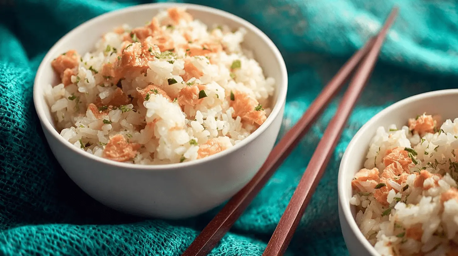 Appetizing salmon rice recipe served in a white bowl with chopsticks on a textured teal background.