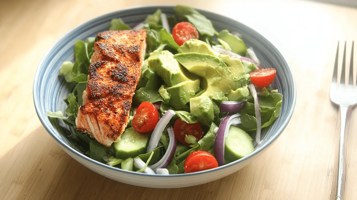 Vibrant salmon salad recipe with fresh greens, avocado, cherry tomatoes, and cucumber on a light wooden surface.