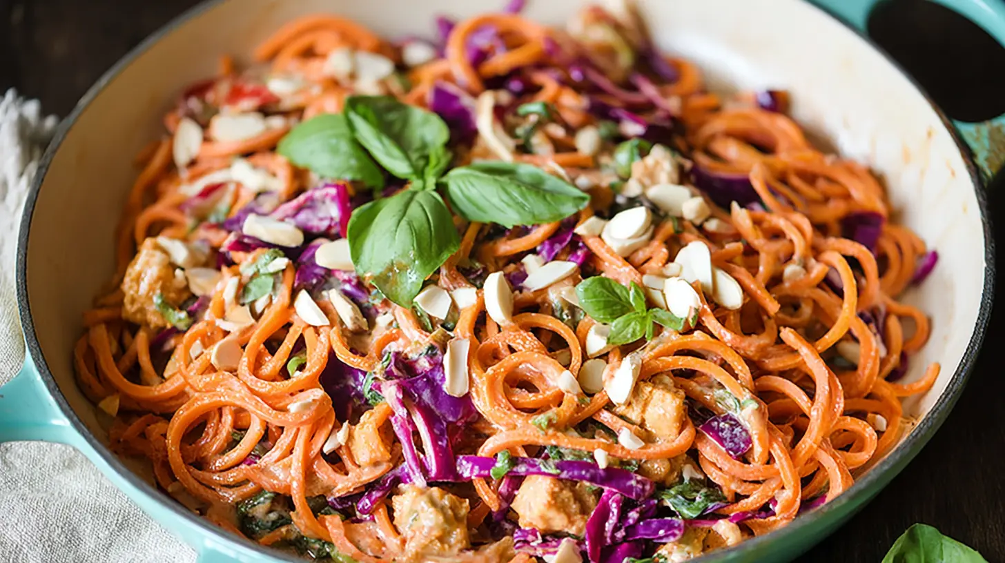 Close-up of vibrant sweet potato noodles with purple cabbage, creamy sauce, almonds, and basil in a teal skillet, highlighting delicious sweet potato recipes.