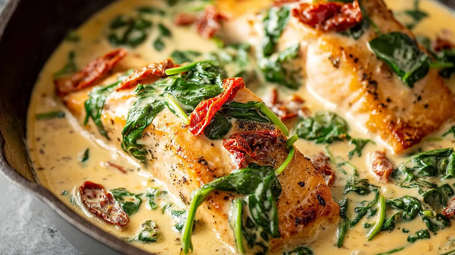 A close-up of a perfectly seared tuscan salmon recipe, rich in creamy sauce, spinach, and sun-dried tomatoes, served in a cast-iron pan.