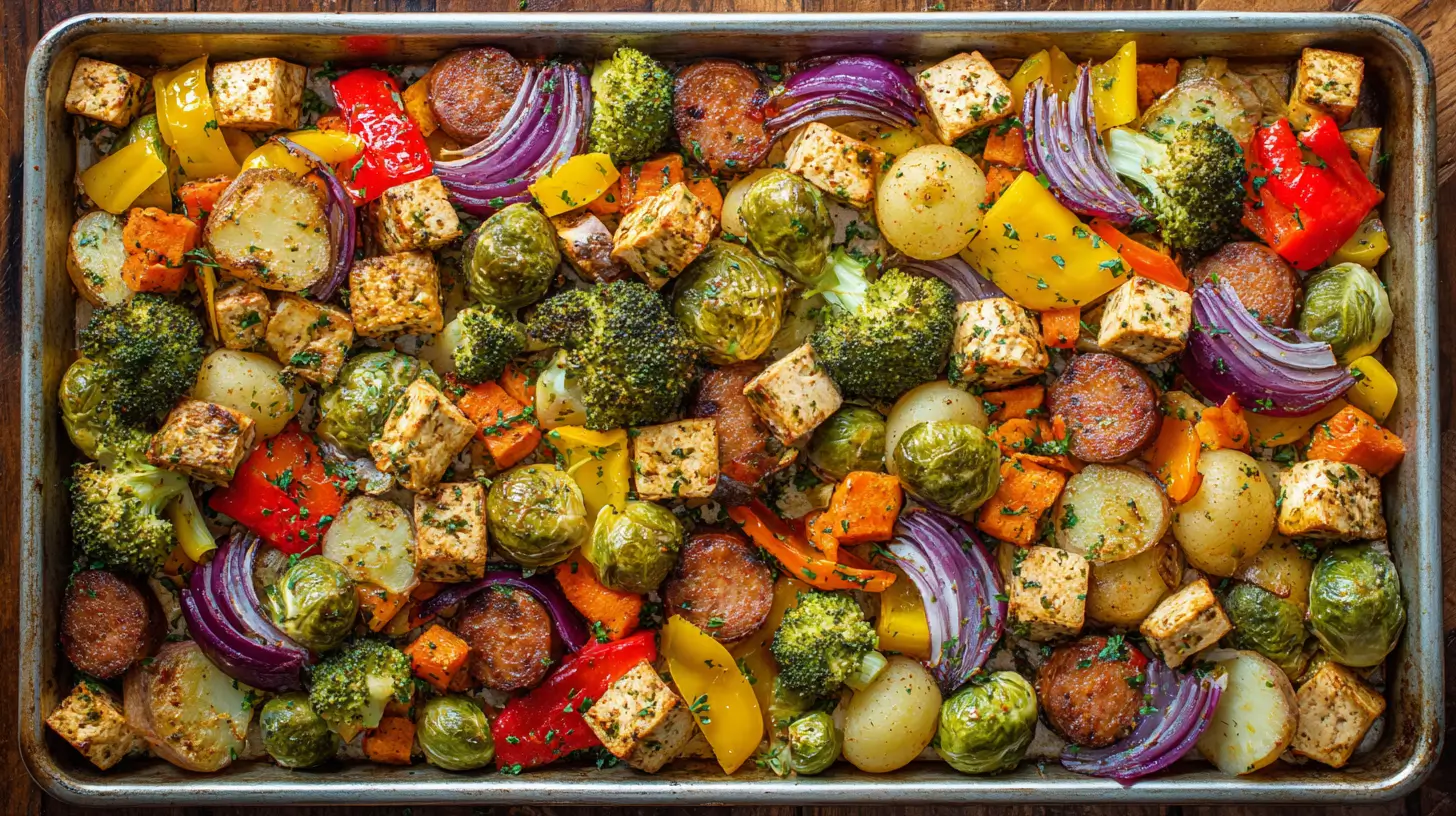 Colorful sheet pan dinner with roasted chicken sausage, tofu cubes, broccoli, Brussels sprouts, potatoes, sweet potatoes, red onion, and bell peppers, seasoned and caramelized on a metal baking tray