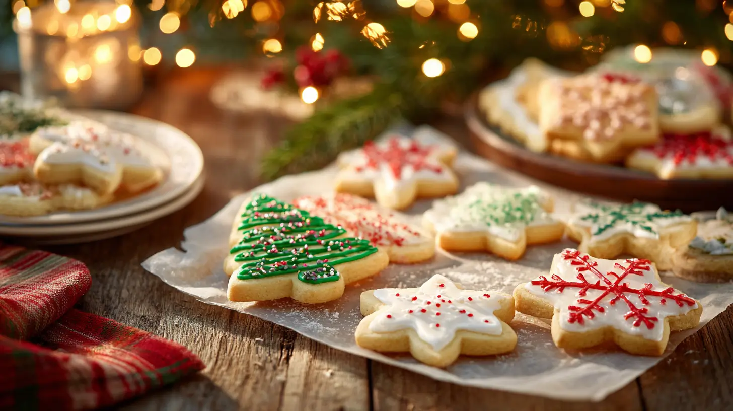 Assorted gluten-free Christmas sugar cookies on parchment paper, decorated with white icing, green Christmas trees, and red snowflakes, with holiday lights in the background
