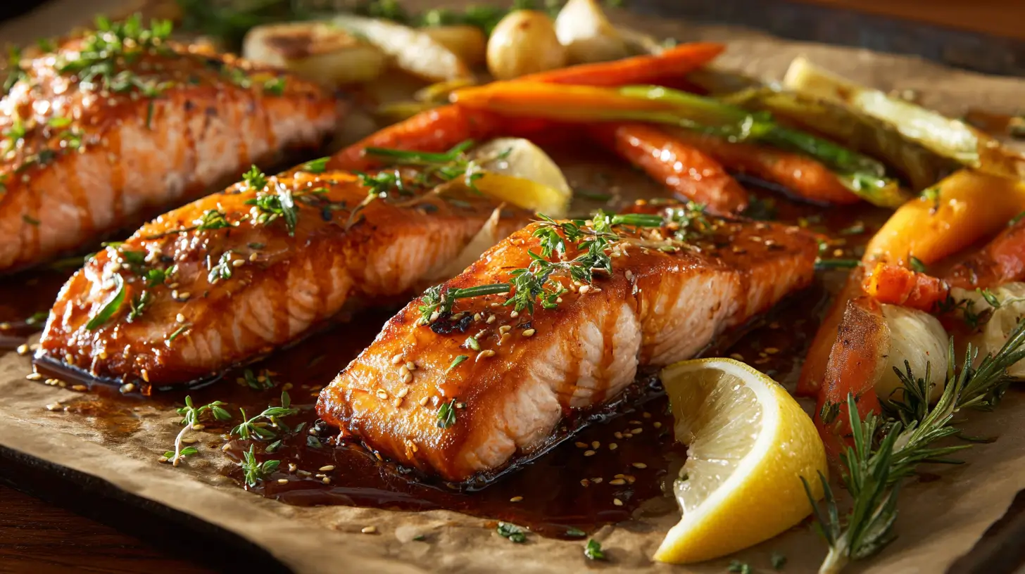 Easy baked maple glazed salmon fillets on a parchment-lined sheet pan, coated in a shiny maple soy Dijon glaze with lemon wedges and fresh herbs