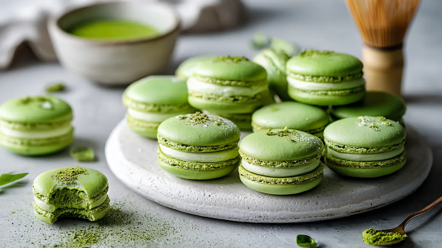 Vibrant green matcha macarons arranged on a round stone platter, with one bitten macaron showing a soft green interior and creamy matcha filling, surrounded by matcha powder, a bamboo whisk, and a bowl of bright green tea in the background.