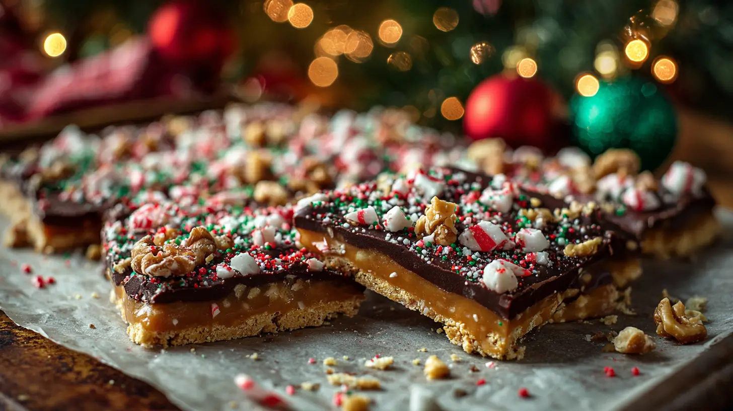 Close-up of gluten-free Christmas crack toffee squares on parchment, with a cracker base, golden caramel layer, dark chocolate topping, and red and green sprinkles, chopped nuts, and crushed candy canes, with blurred Christmas lights and ornaments in the background.