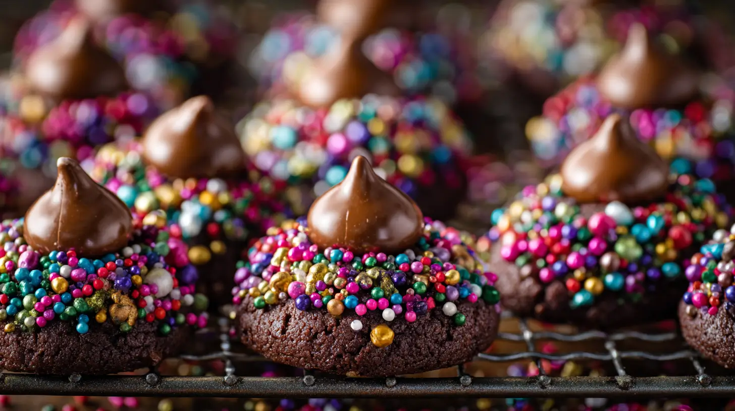 Fudgy chocolate blossom cookies fully coated in colorful nonpareil sprinkles, topped with milk chocolate kisses, close-up on wire rack